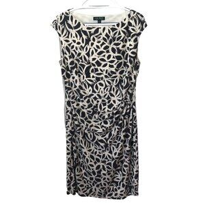 Ralph Lauren Gray Ivory Floral Sheath Dress Ruched Side Lined Cap Sleeve Size16